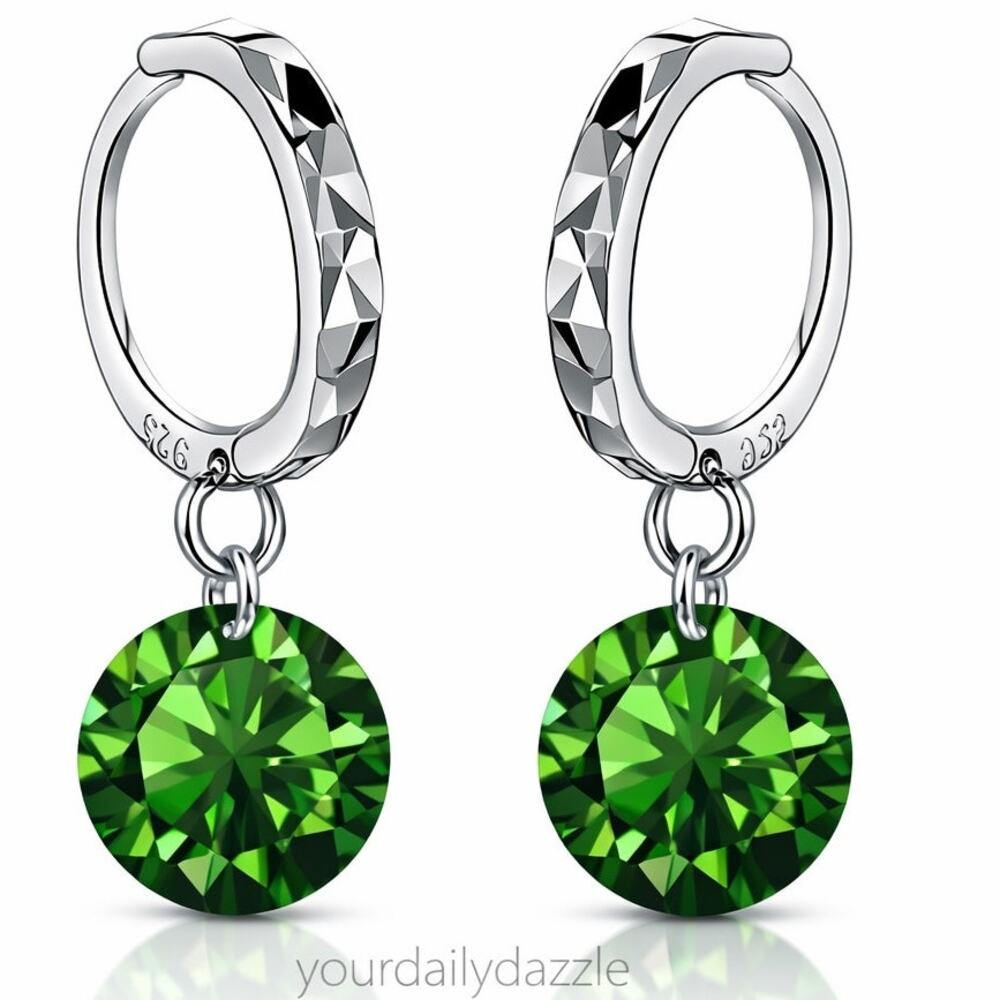 925 Sterling Silver Hoop Earrings Green Gemstone Dangle Jewelry